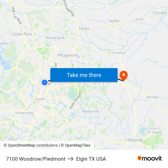 7100 Woodrow/Piedmont to Elgin TX USA map