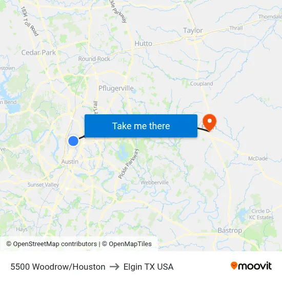 5500 Woodrow/Houston to Elgin TX USA map