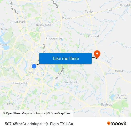 507 45th/Guadalupe to Elgin TX USA map