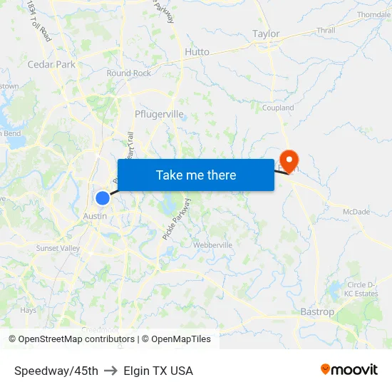Speedway/45th to Elgin TX USA map