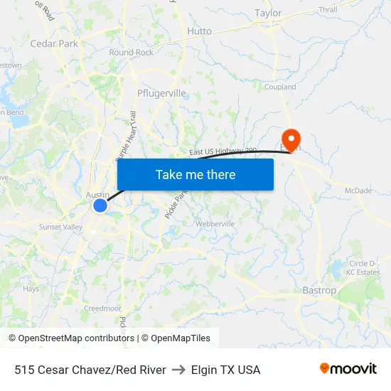 515 Cesar Chavez/Red River to Elgin TX USA map