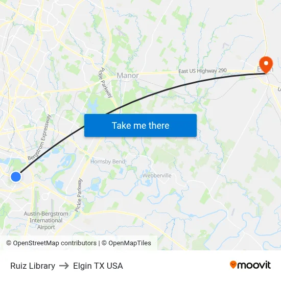 Ruiz Library to Elgin TX USA map