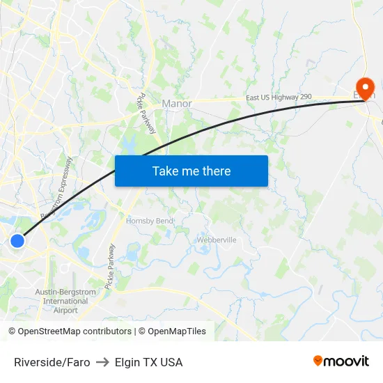 Riverside/Faro to Elgin TX USA map