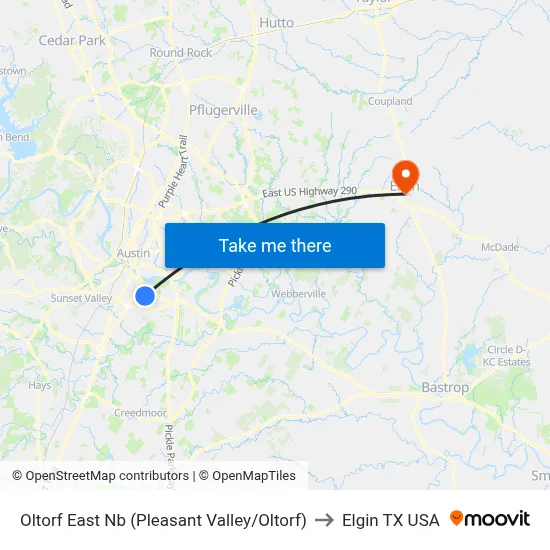 Oltorf East Nb (Pleasant Valley/Oltorf) to Elgin TX USA map