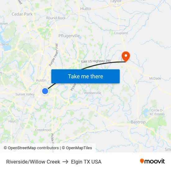 Riverside/Willow Creek to Elgin TX USA map