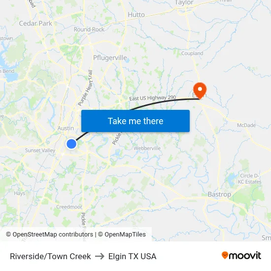 Riverside/Town Creek to Elgin TX USA map