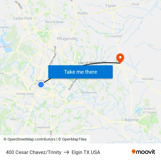 400 Cesar Chavez/Trinity to Elgin TX USA map