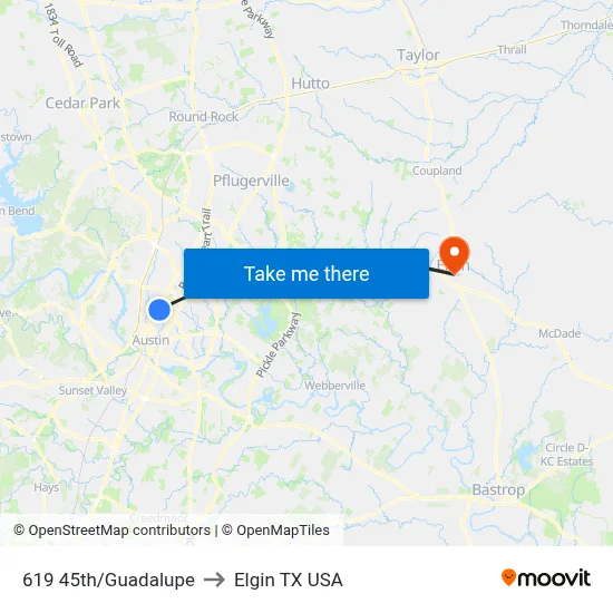 619 45th/Guadalupe to Elgin TX USA map