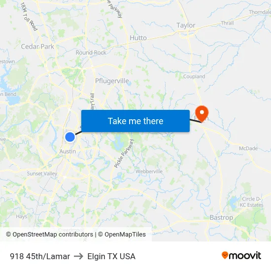 918 45th/Lamar to Elgin TX USA map