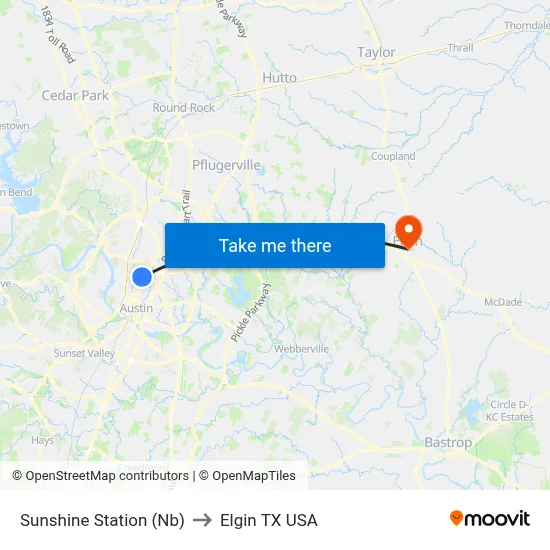 Sunshine Station (Nb) to Elgin TX USA map