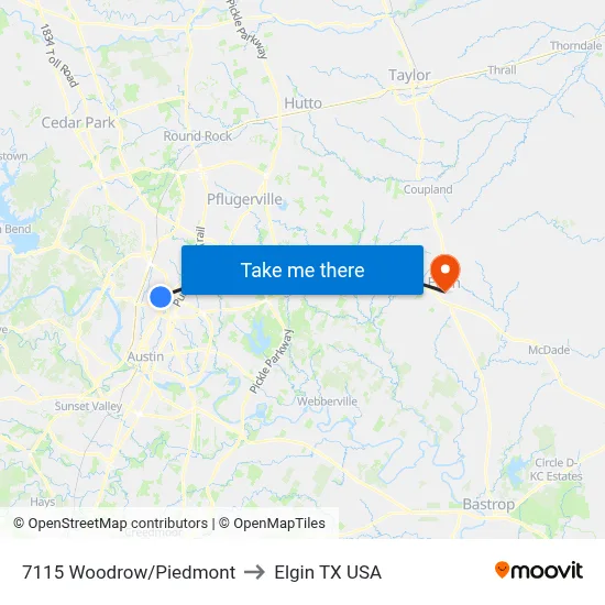 7115 Woodrow/Piedmont to Elgin TX USA map