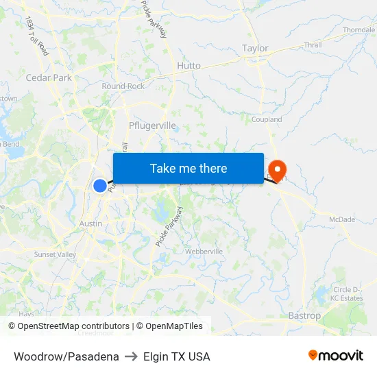 Woodrow/Pasadena to Elgin TX USA map