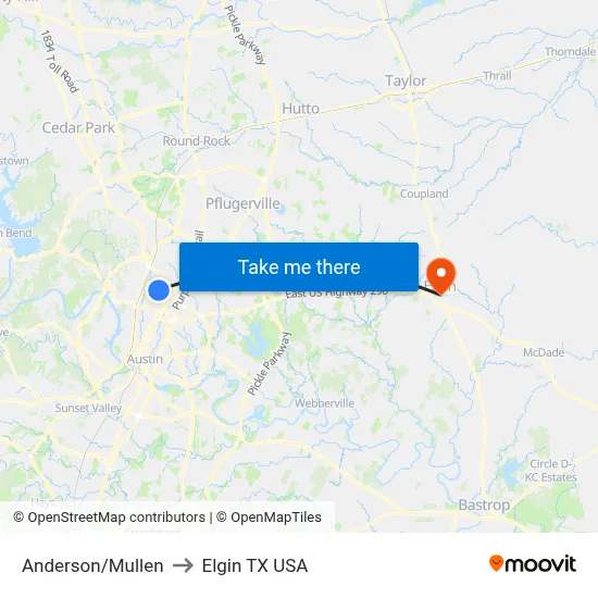 Anderson/Mullen to Elgin TX USA map