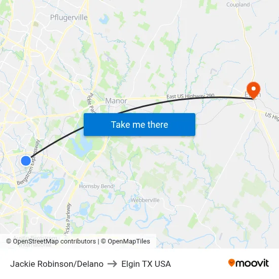 Jackie Robinson/Delano to Elgin TX USA map