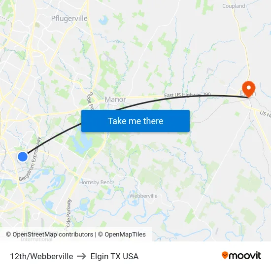 12th/Webberville to Elgin TX USA map