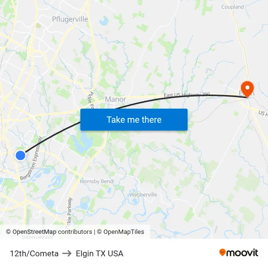 12th/Cometa to Elgin TX USA map