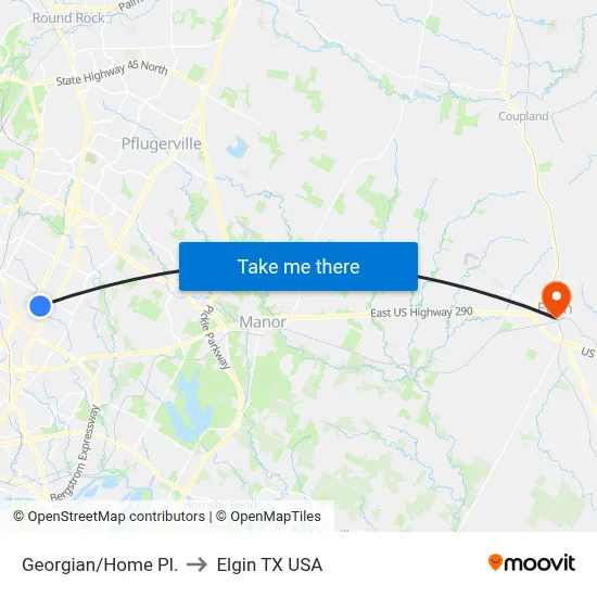 Georgian/Home Pl. to Elgin TX USA map