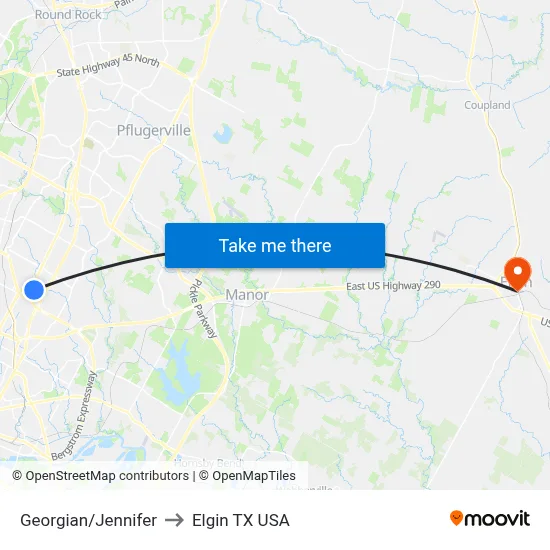 Georgian/Jennifer to Elgin TX USA map
