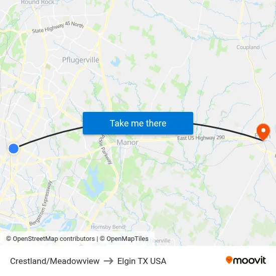 Crestland/Meadowview to Elgin TX USA map