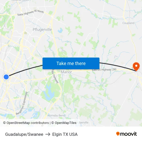 Guadalupe/Swanee to Elgin TX USA map