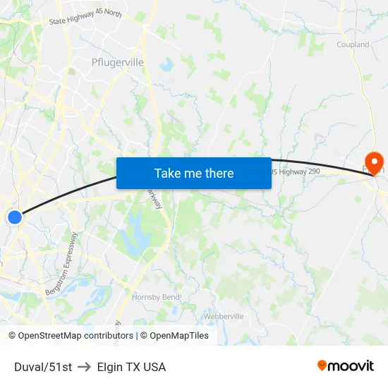Duval/51st to Elgin TX USA map