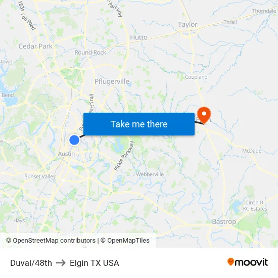 Duval/48th to Elgin TX USA map