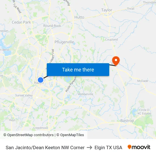 San Jacinto/Dean Keeton NW Corner to Elgin TX USA map