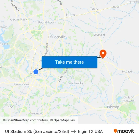 Ut Stadium Sb (San Jacinto/23rd) to Elgin TX USA map