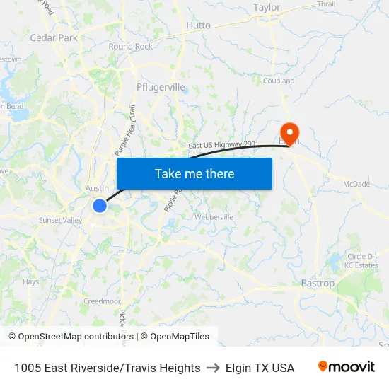 1005 East Riverside/Travis Heights to Elgin TX USA map
