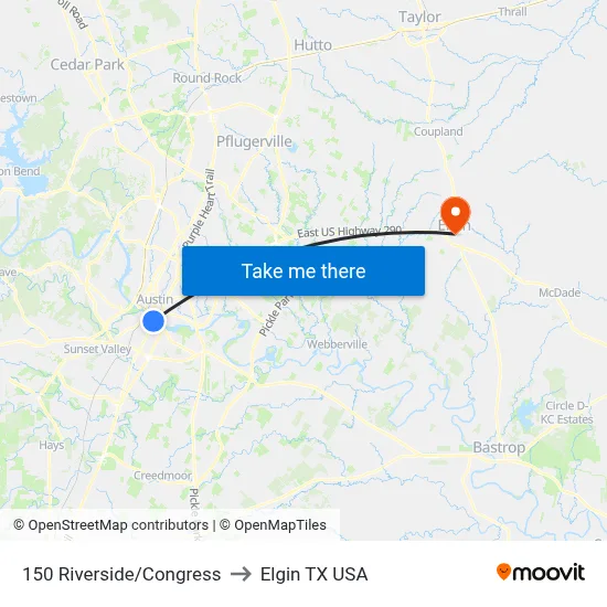 150 Riverside/Congress to Elgin TX USA map