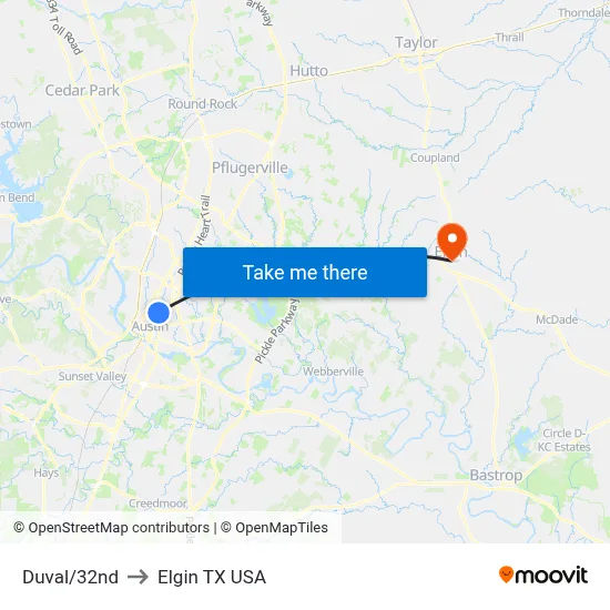 Duval/32nd to Elgin TX USA map