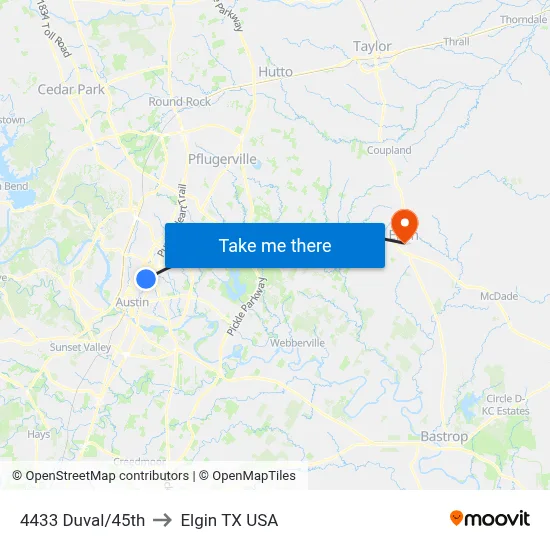4433 Duval/45th to Elgin TX USA map