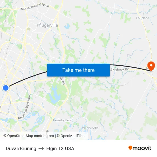 Duval/Bruning to Elgin TX USA map