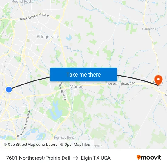 7601 Northcrest/Prairie Dell to Elgin TX USA map