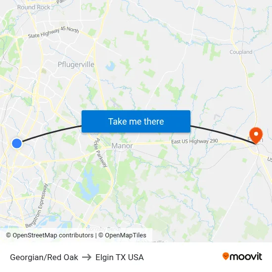 Georgian/Red Oak to Elgin TX USA map
