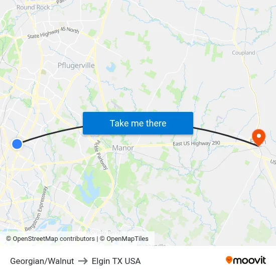 Georgian/Walnut to Elgin TX USA map