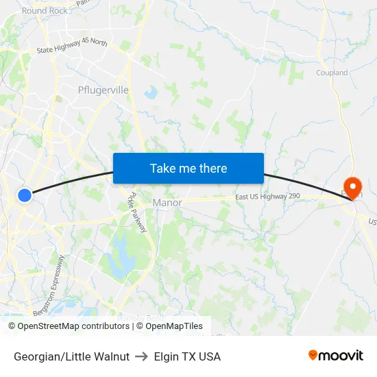 Georgian/Little Walnut to Elgin TX USA map