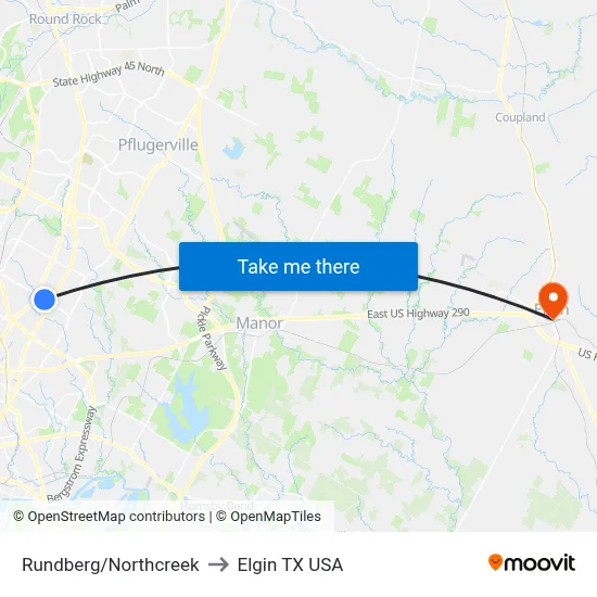 Rundberg/Northcreek to Elgin TX USA map
