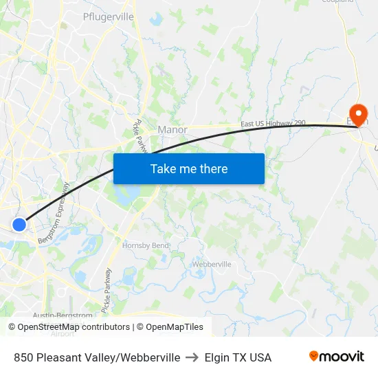 850 Pleasant Valley/Webberville to Elgin TX USA map