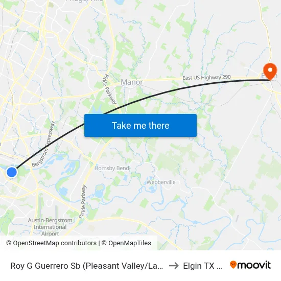 Roy G Guerrero Sb (Pleasant Valley/Lakeshore) to Elgin TX USA map
