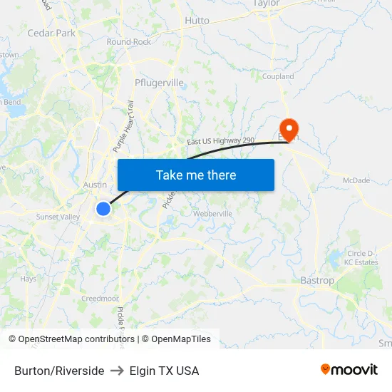 Burton/Riverside to Elgin TX USA map