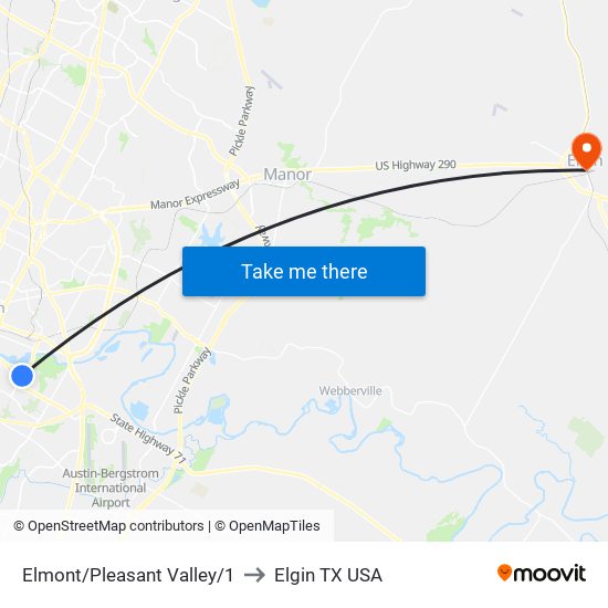 Elmont/Pleasant Valley/1 to Elgin TX USA map