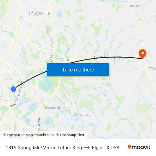 1819 Springdale/Martin Luther King to Elgin TX USA map