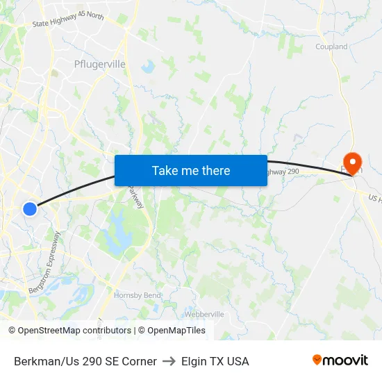 Berkman/Us 290 SE Corner to Elgin TX USA map