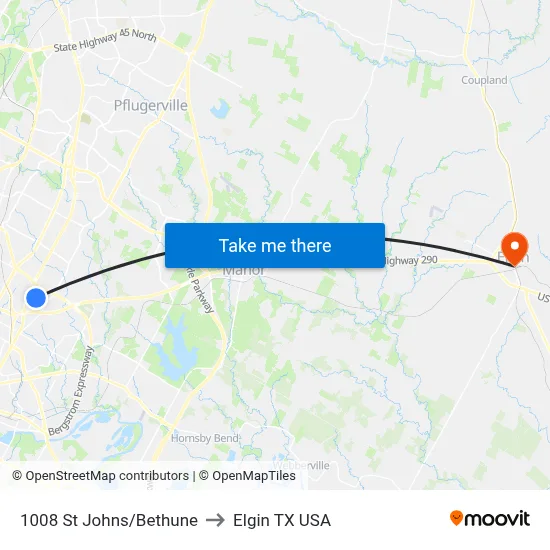 1008 St Johns/Bethune to Elgin TX USA map