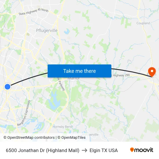 6500 Jonathan Dr (Highland Mall) to Elgin TX USA map