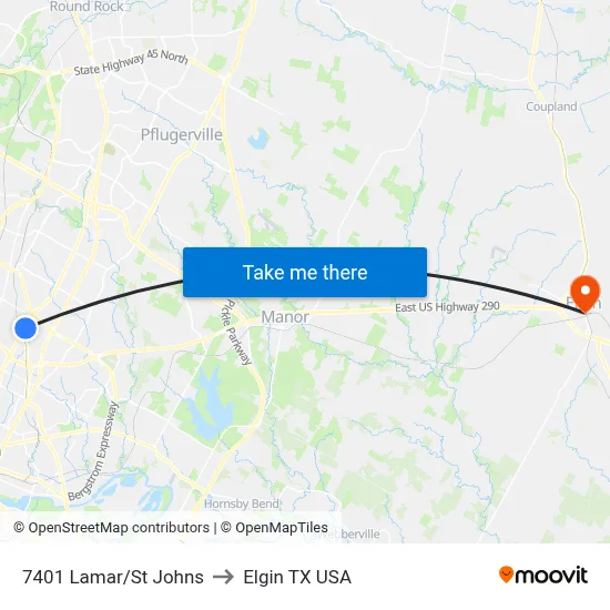 7401 Lamar/St Johns to Elgin TX USA map