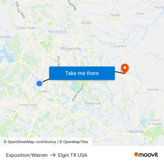 Exposition/Warren to Elgin TX USA map