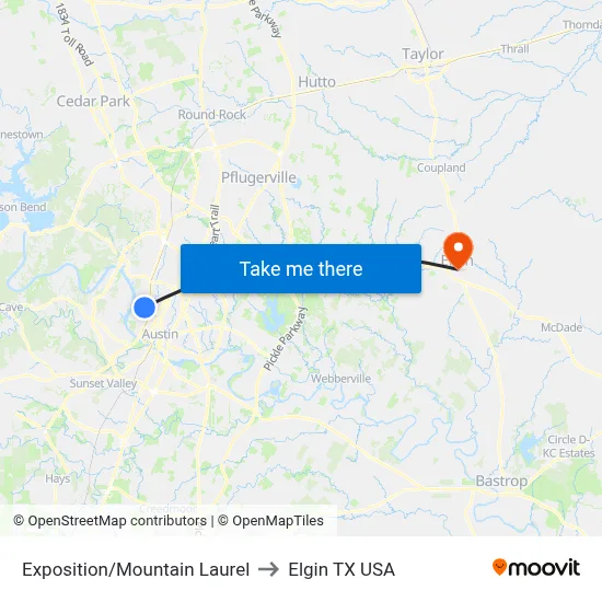 Exposition/Mountain Laurel to Elgin TX USA map