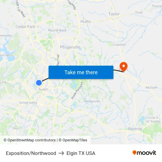 Exposition/Northwood to Elgin TX USA map